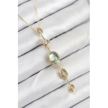 Pirinç Zincir Yeşil Gold Renk Zirkon Taşlı Y Kolye