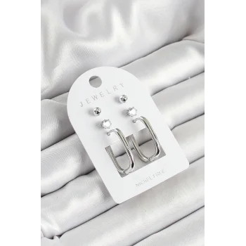 Pirinç Zirkon Taş Ve Dikdörtgen Figürlü Gümüş Renk 3lü Çift Kadın Küpe Set