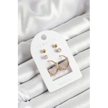 Pirinç Zirkon Taş Ve Halka Figürlü Gold Renk 3lü Çift Kadın Küpe Set