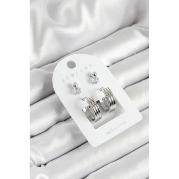 Pirinç Zirkon Taş Ve Halka Figürlü Gümüş Renk 3lü Çift Kadın Küpe Set