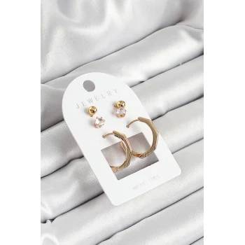 Pirinç Zirkon Taş Ve Kemik Halka Figürlü Gold Renk 3lü Çift Kadın Küpe Set
