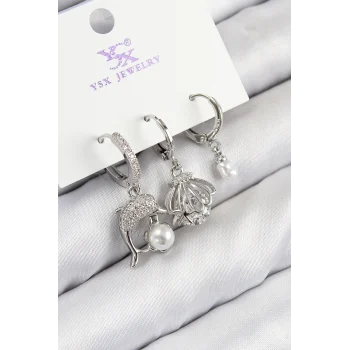 Pirinç Zirkon Taşlı 3lü Yunus Balığı Ve İstiridye Model Gümüş Renk Kadın Küpe