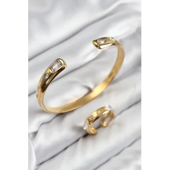 Pirinç Zirkon Taşlı Ayrık Model Gold Renk Bileklik Yüzük Set