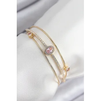 Pirinç Zirkon Taşlı Baget Model Gold Renk Kadın Bileklik