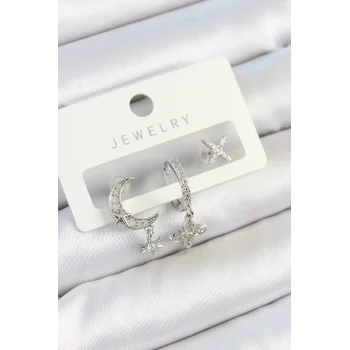 Pirinç Zirkon Taşlı Çiçek Ve Ay Model Gümüş Renk 3lü Çift Kadın Küpe Set