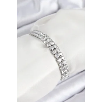 Pirinç Zirkon Taşlı Çift Sıra Kare Model Gümüş Renk Asansörlü Kadın Bileklik