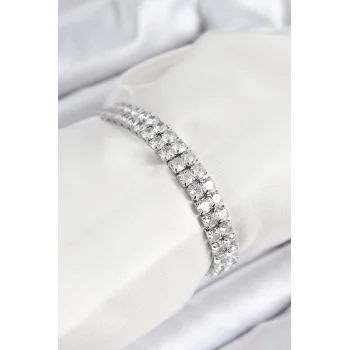 Pirinç Zirkon Taşlı Çift Sıra Kare Model Gümüş Renk Asansörlü Kadın Bileklik