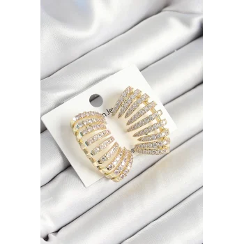 Pirinç Zirkon Taşlı Çoklu Görünümlü Model Gold Renk Kadın Küpe