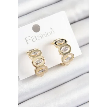 Pirinç Zirkon Taşlı Damla Figürlü Halka Model Gold Renk Kadın Küpe