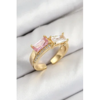 Pirinç Zirkon Taşlı Dikdörtgen Model Gold Renk Kadın Yüzük