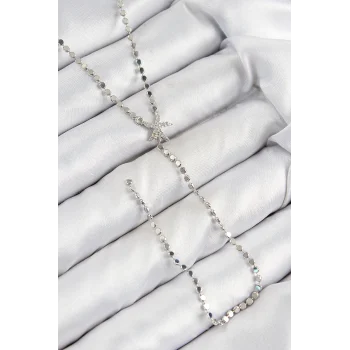 Pirinç Zirkon Taşlı Ezme Zincirli Deniz Yıldızı Model Gümüş Renk Y Kolye