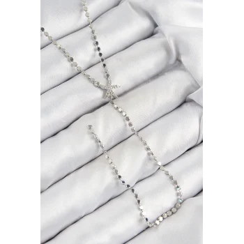 Pirinç Zirkon Taşlı Ezme Zincirli Deniz Yıldızı Model Gümüş Renk Y Kolye