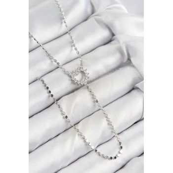 Pirinç Zirkon Taşlı Ezme Zincirli Kalp Model Gümüş Renk Y Kolye