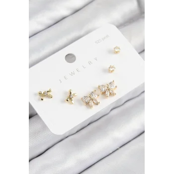 Pirinç Zirkon Taşlı Fiyonk Model Gold Renk 925 Ayar Gümüş Çivi Kadın Küpe Set