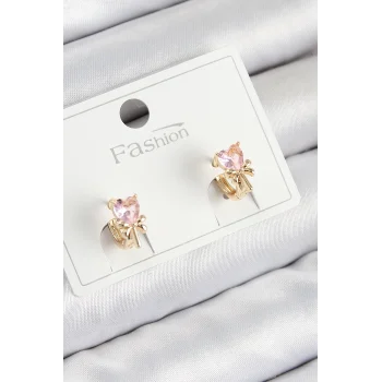 Pirinç Zirkon Taşlı Fiyonklu Kalp Model Gold Renk Çocuk Küpe