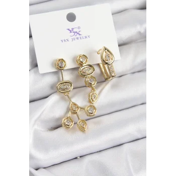 Pirinç Zİrkon Taşlı Geometrik Model Gold Renk 3lü Kadın Küpe