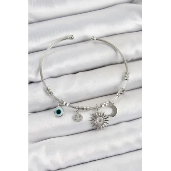 Pirinç Zirkon Taşlı Güneş Ay Ve Nazar Model Gümüş Renk Charm Bileklik