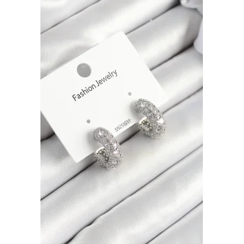 Pirinç Zirkon Taşlı Halka Model Gümüş Renk Kadın Küpe