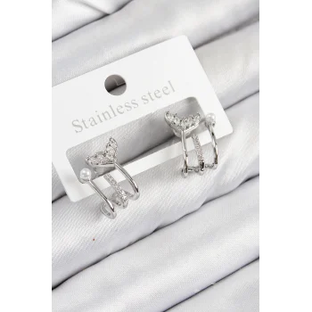 Pirinç Zirkon Taşlı İnci Detaylı Balık Kuyruğu Model Gümüş Renk Kadın Küpe