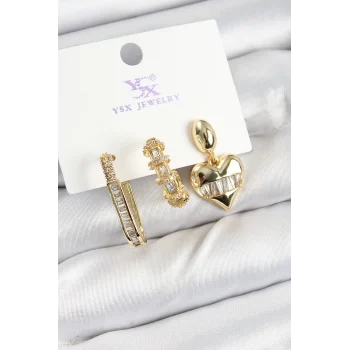 Pirinç Zİrkon Taşlı Kalp Model Gold Renk 3lü Kadın Küpe