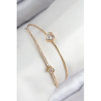 Pirinç Zirkon Taşlı Kalp Model Gold Renk Kadın Bileklik
