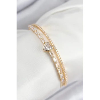 Pirinç Zirkon Taşlı Kalp Model Gold Renk Kadın Bileklik