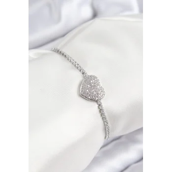 Pirinç Zirkon Taşlı Kalp Model Gümüş Renk Asansörlü Kadın Bileklik