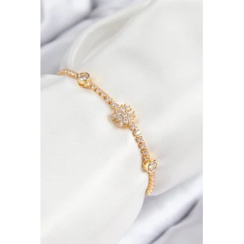 Pirinç Zirkon Taşlı Kar Tanesi Model Gold Renk Asansörlü Kadın Bileklik
