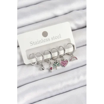 Pirinç Zirkon Taşlı Karpuz Yonca Kalp Pusula Karışık Model Gümüş Renk 6lı Set Kadın Küpe