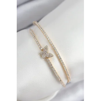 Pirinç Zirkon Taşlı Kelebek Model Gold Renk Kadın Bileklik