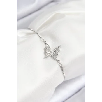 Pirinç Zirkon Taşlı Kelebek Model Gümüş Renk Asansörlü Kadın Bileklik