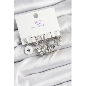 Pirinç Zirkon Taşlı Kelebek Ve Yıldız Model Gümüş Renk 3lü Çift Kadın Küpe