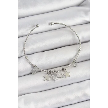 Pirinç Zirkon Taşlı Kelebek Ve Yıldız Model Gümüş Renk Charm Bileklik