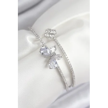 Pirinç Zirkon Taşlı Kelebek Ve Yonca Model Gümüş Renk Kadın Bileklik