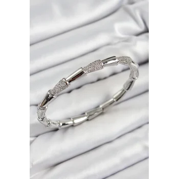 Pirinç Zirkon Taşlı Kemik Model Gümüş Renk Vip Kadın Bileklik