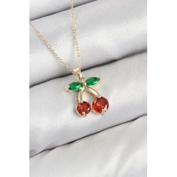 Pirinç Zirkon Taşlı Kiraz Model Gold Renk Kadın Kolye