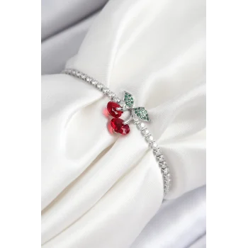 Pirinç Zirkon Taşlı Kiraz Model Gümüş Renk Asansörlü Kadın Bileklik