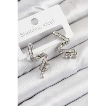 Pirinç Zirkon Taşlı Kıvrımlı Model Gümüş Renk Kadın Küpe