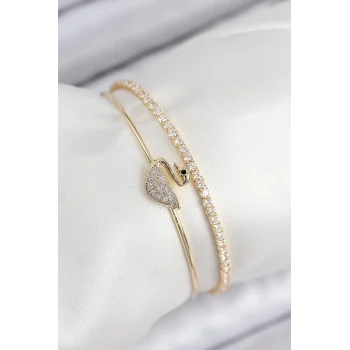 Pirinç Zirkon Taşlı Kuğu Model Gold Renk Kadın Bileklik