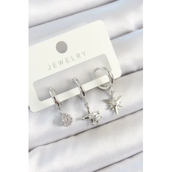 Pirinç Zirkon Taşlı Kutup Yıldızı Model Gümüş Renk 3lü Çift Kadın Küpe Set