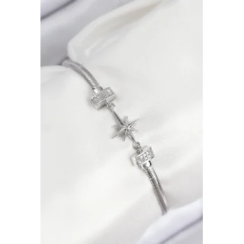 Pirinç Zirkon Taşlı Kutup Yıldızı Model Gümüş Renk Kadın Bileklik