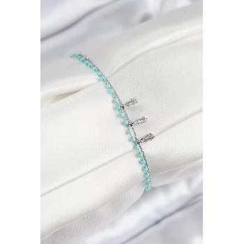 Pirinç Zirkon Taşlı Mavi Boncuklu Model Gümüş Renk Kadın Bileklik