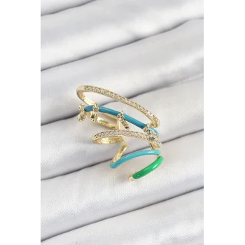 Pirinç Zirkon Taşlı Mavi Yeşil Sıkıştırma Sağ Kıkırdak Gold Renk Kadın Küpe