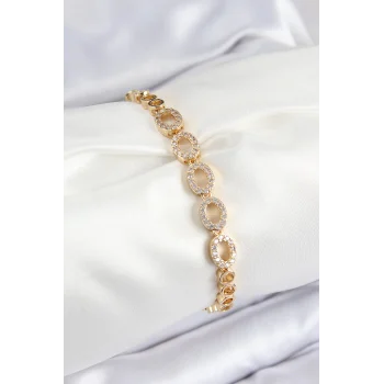 Pirinç Zirkon Taşlı Oval Model Gold Renk Kadın Bileklik