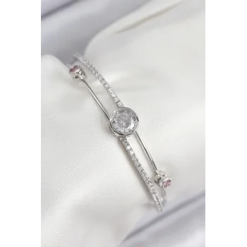 Pirinç Zirkon Taşlı Pırlanta Model Gümüş Renk Kadın Bileklik