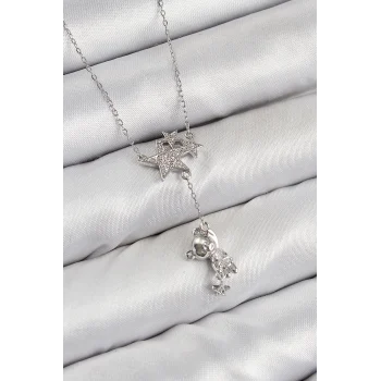 Pirinç Zirkon Taşlı Sallantılı Ayıcıklı Yıldız Model Gümüş Renk Kadın Kolye