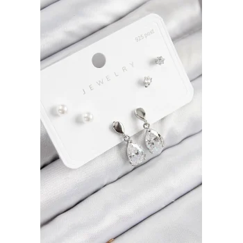 Pirinç Zirkon Taşlı Sallantılı Damla Model Gümüş Renk 925 Ayar Gümüş Çivi Kadın Küpe Set