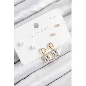 Pirinç Zirkon Taşlı Sallantılı Kare Model Gold Renk 925 Ayar Gümüş Çivi Kadın Küpe Set