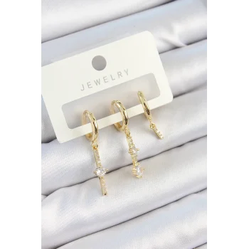 Pirinç Zirkon Taşlı Sallantılı Model Gold Renk 3lü Çift Kadın Küpe Set