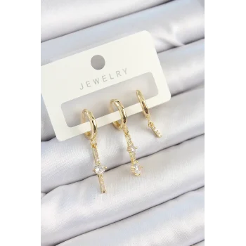 Pirinç Zirkon Taşlı Sallantılı Model Gold Renk 3lü Çift Kadın Küpe Set